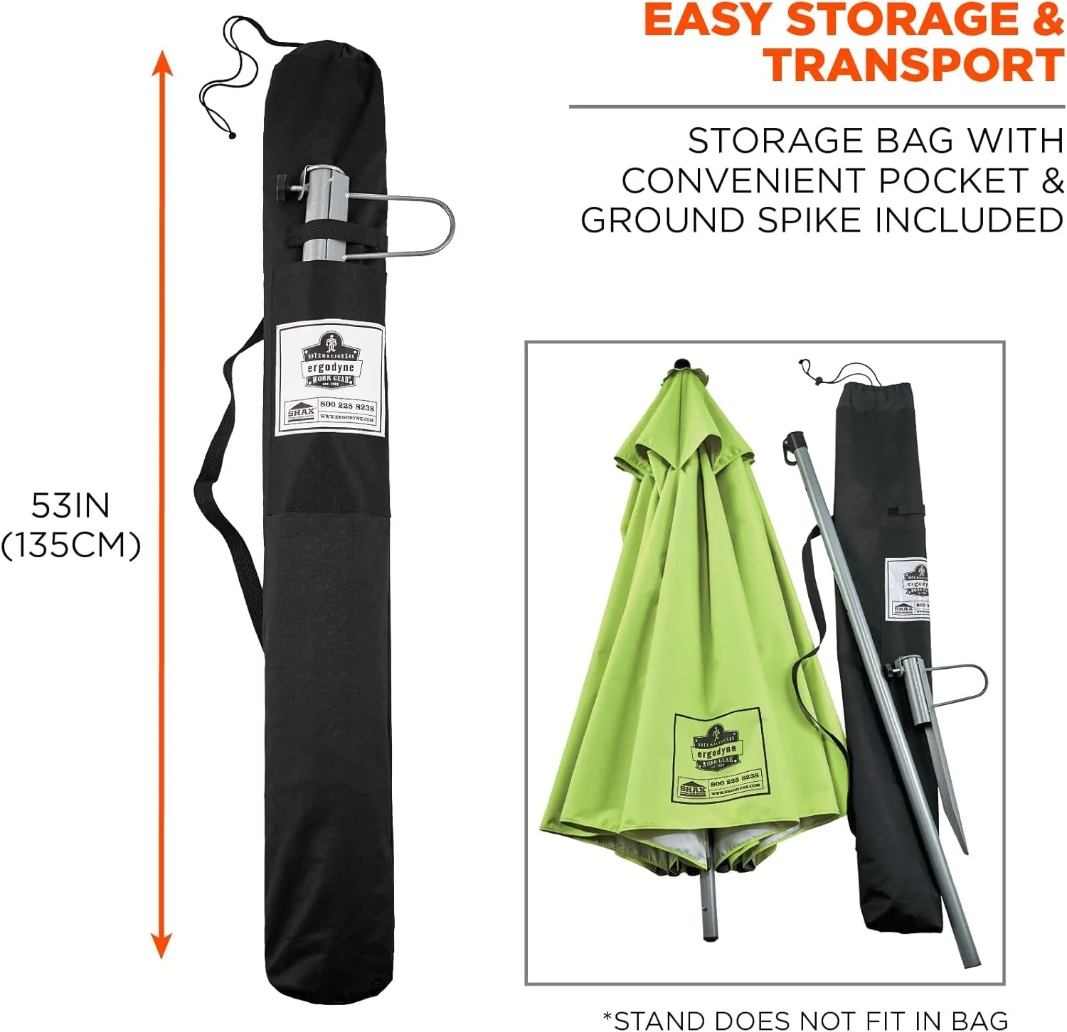 Ergodyne SHAX 6199 Lightweight Work Umbrella with Stand, Portable Sun Shade, Lime 7.5ft