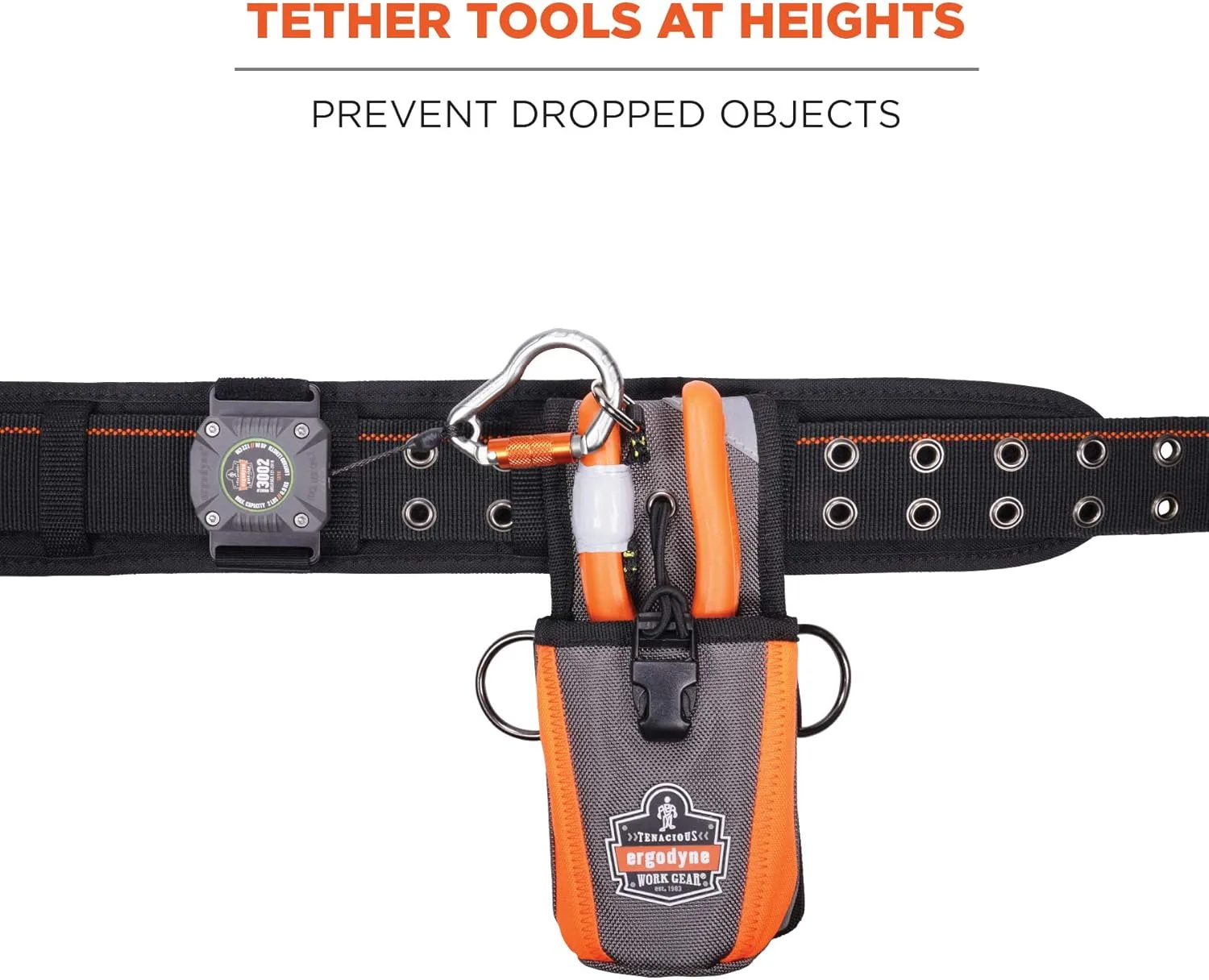 Ergodyne Squids 3002 Retractable Tool Lanyard with Locking Carabiner, Straps to Attach to Belt or Harness, Gray, Standard