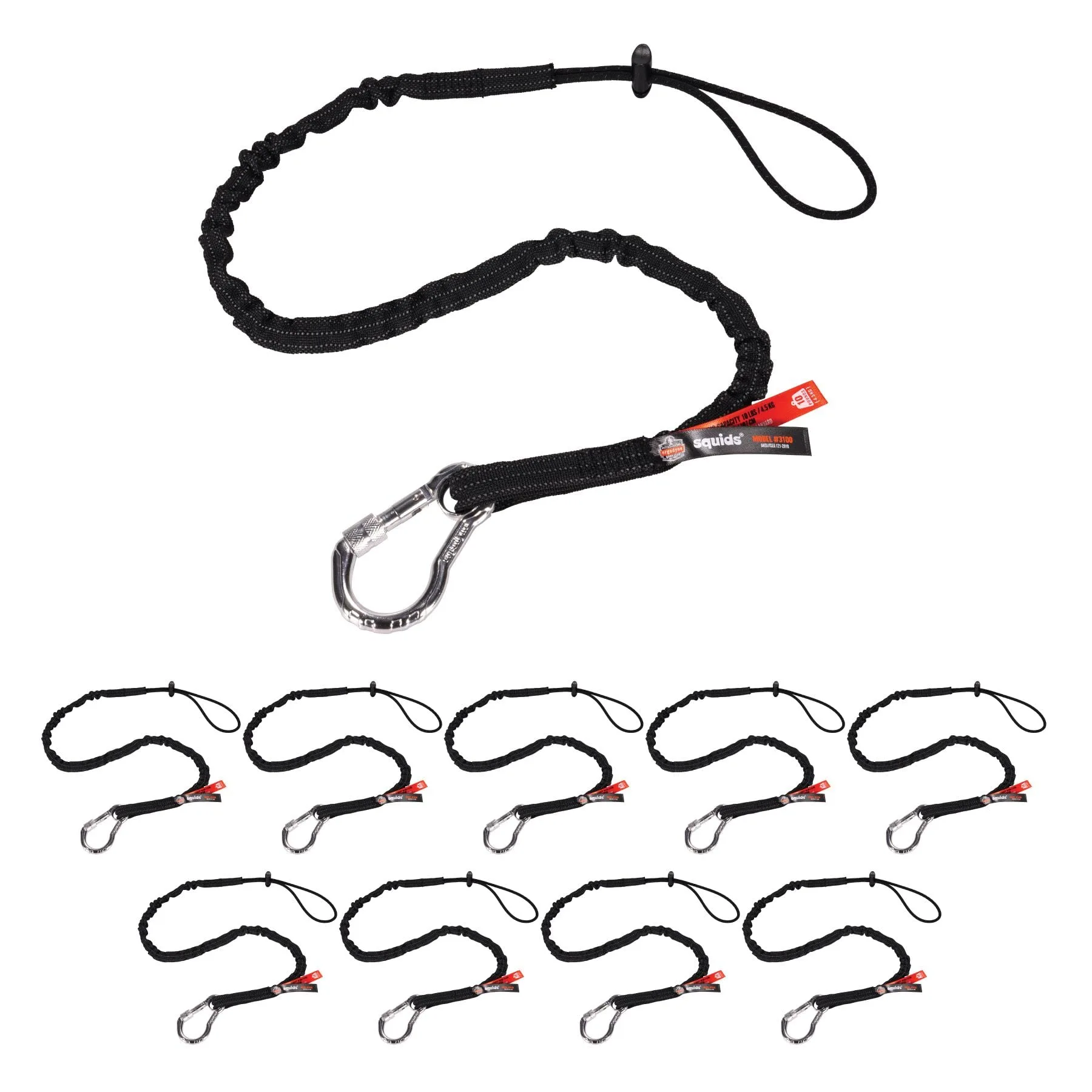 Ergodyne Squids 3100 Tool Lanyard with Single Carabiner and Adjustable Loop End, Standard Length Black