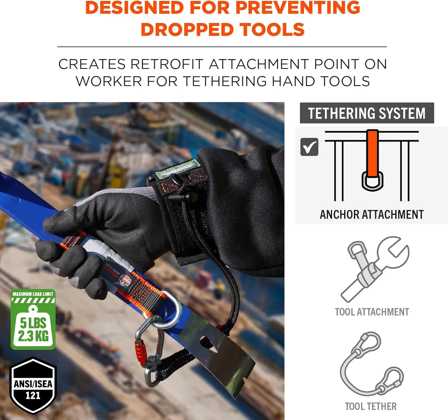 Ergodyne Squids 3123 Tool Wristband with D-Ring Tool Lanyard Tethering Attachment Point, Tool Weight Rating 5lbs