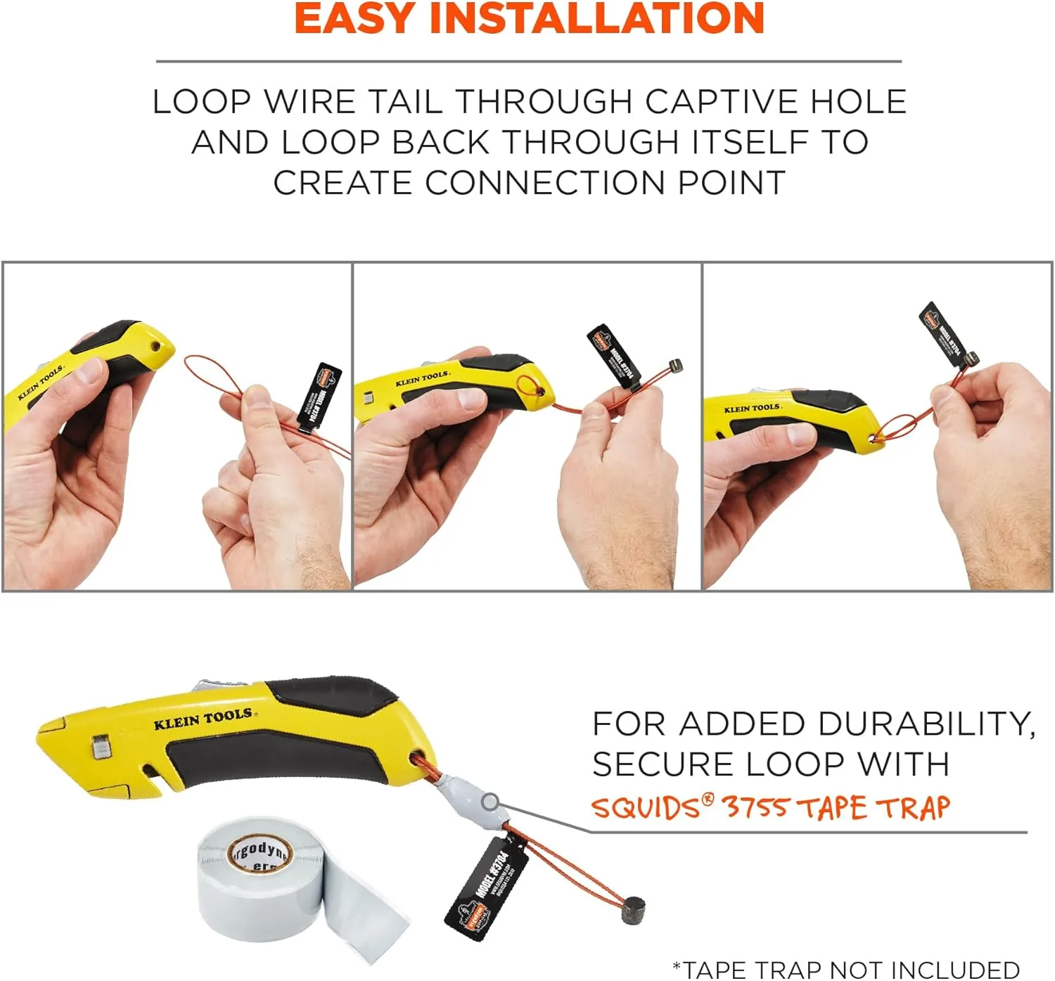 Wire Tool Attachment Tail with Loop End, Tool Weight Capacity 2lbs, 6-Pack, Ergodyne Squids 3704 , Orange