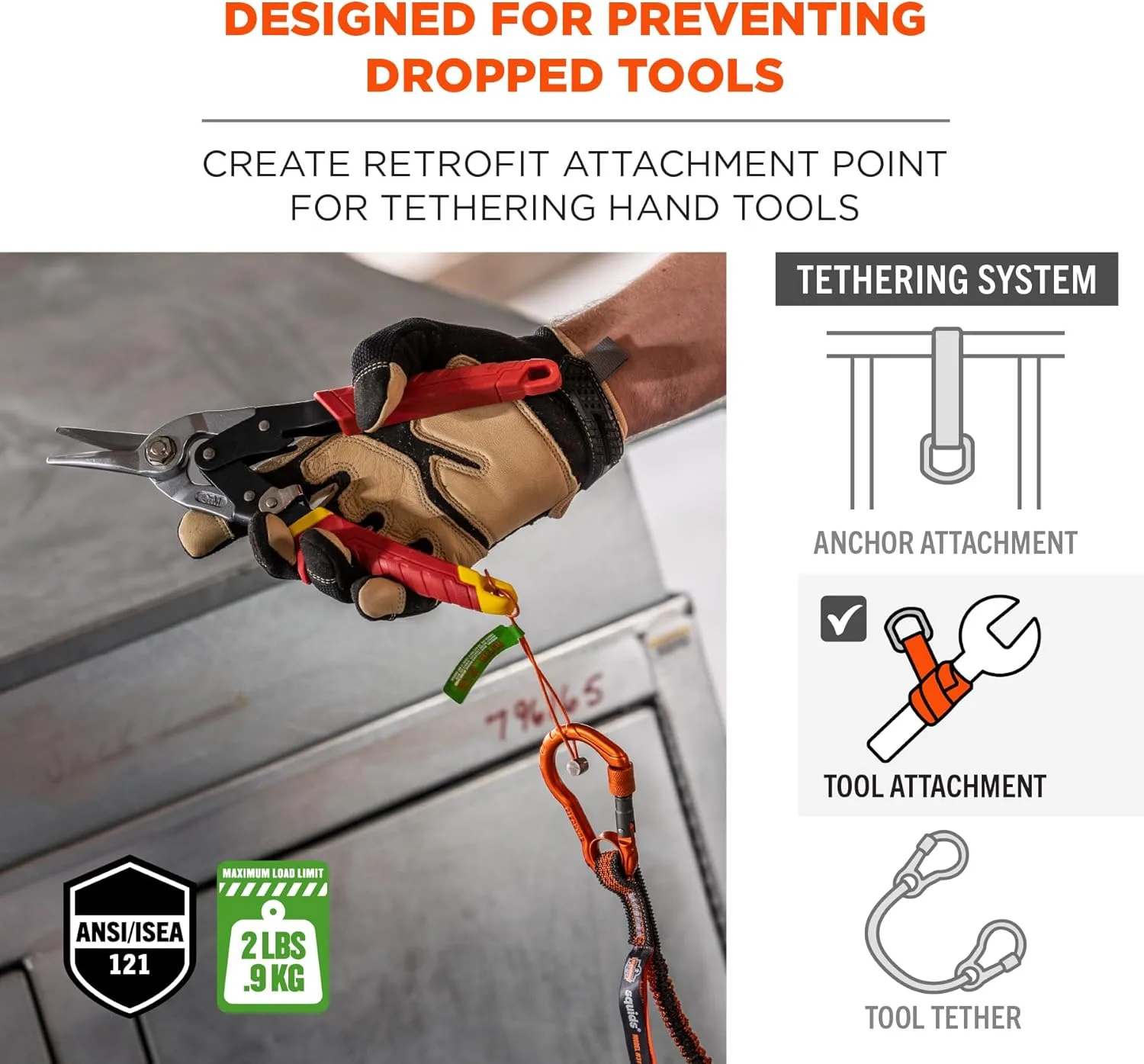 Wire Tool Attachment Tail with Loop End, Tool Weight Capacity 2lbs, 6-Pack, Ergodyne Squids 3704 , Orange
