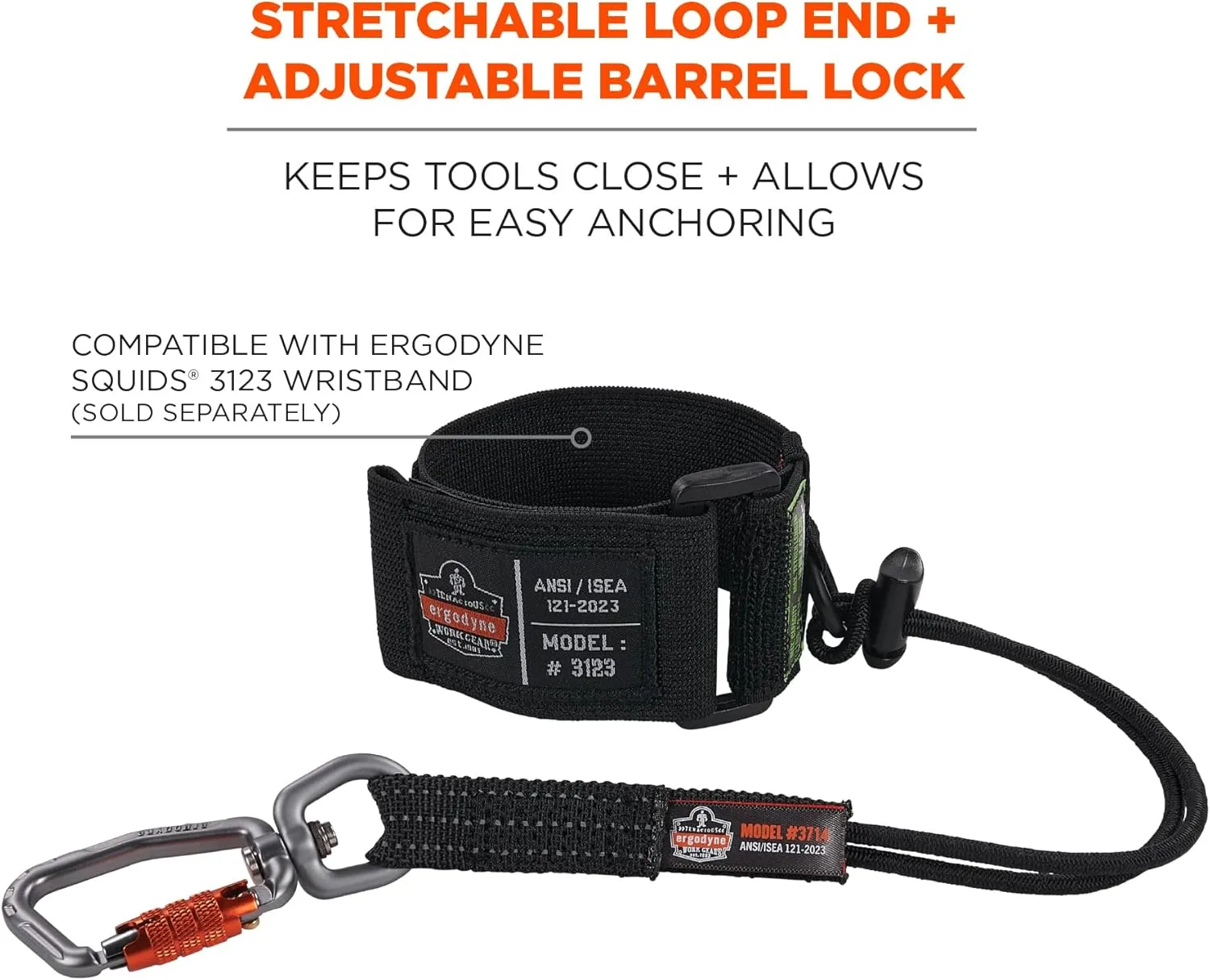 Ergodyne Squids 3714 Tool Lanyard and Tethering Attachment with Carabiner and Cinch Loop, Weight Rating 10lbs, 3-Pack