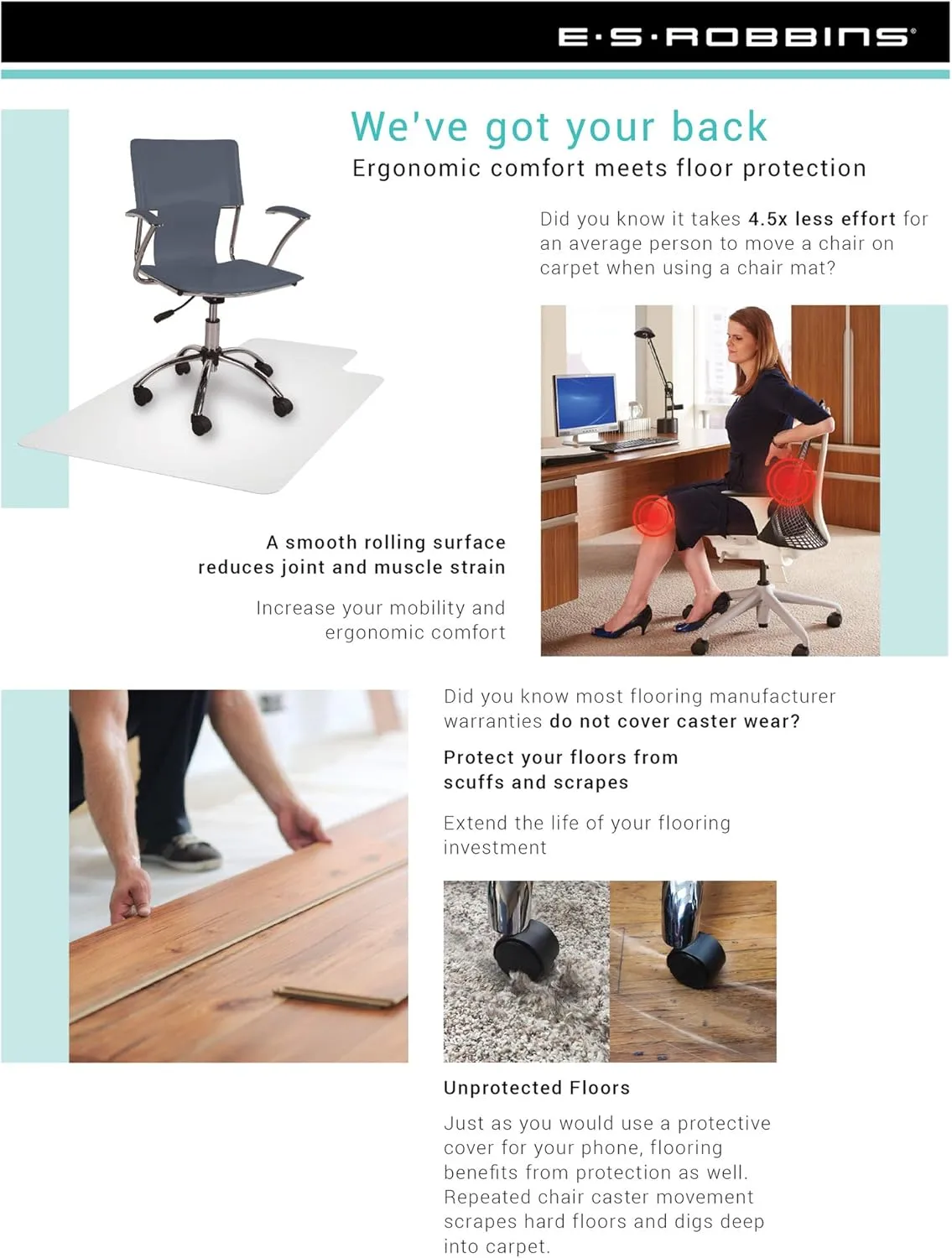 Chair Mat for High Pile Carpet 45"x53" Rectangle with Lip, Beveled Edge
