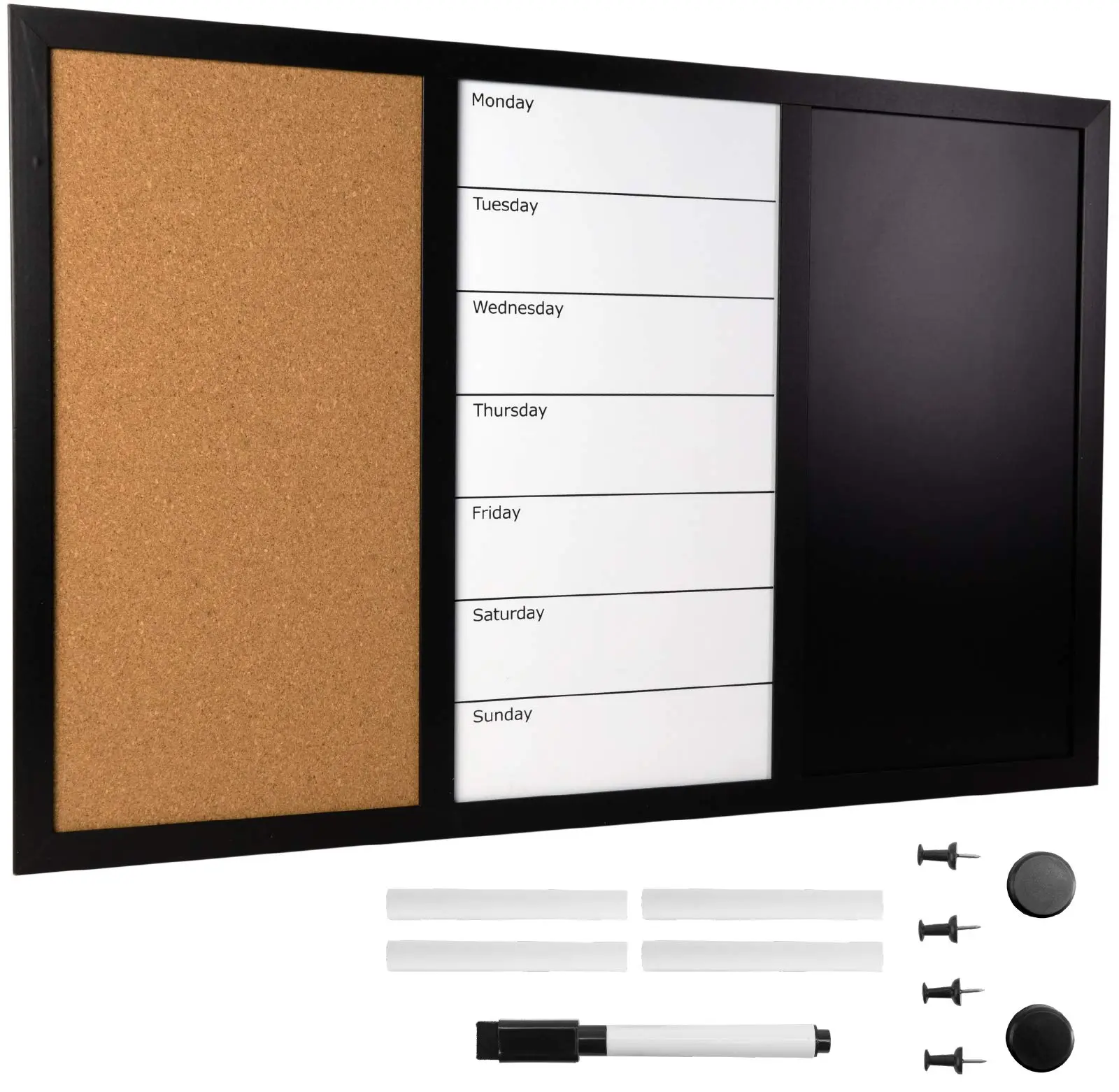 Excello Global Products Wall Board Combo Whiteboard Corkboard & Chalkboard: Magnetic Large Weekly Daily Planner Note