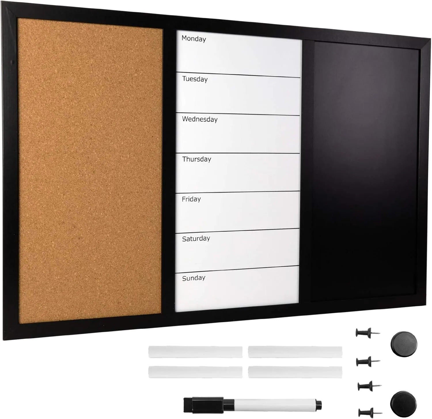 Excello Global Products Wall Board Combo Whiteboard Corkboard & Chalkboard: Magnetic Large Weekly Daily Planner Note