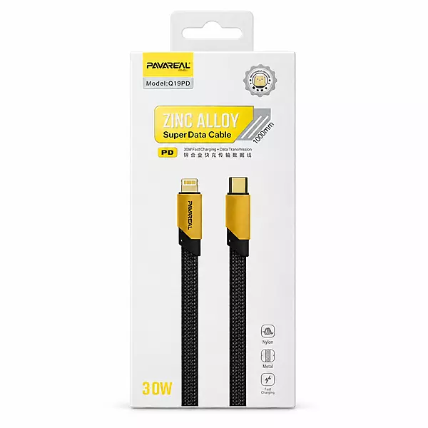 PAVAREAL Q19PD 30W PD Fast Charging Cable – Zinc Alloy Type-C to Lightning (1m)