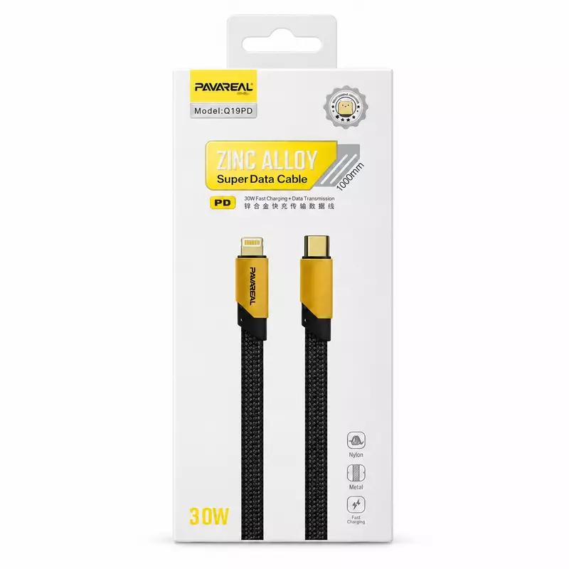 PAVAREAL Q19PD 30W PD Fast Charging Cable – Zinc Alloy Type-C to Lightning (1m)
