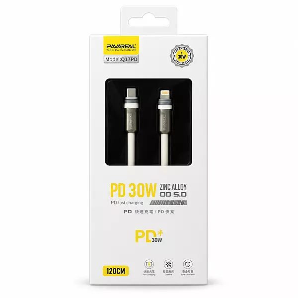 PAVAREAL Q17PD 30W Zinc Alloy PD Fast Charging Cable (USB-C to Lightning, 120cm)