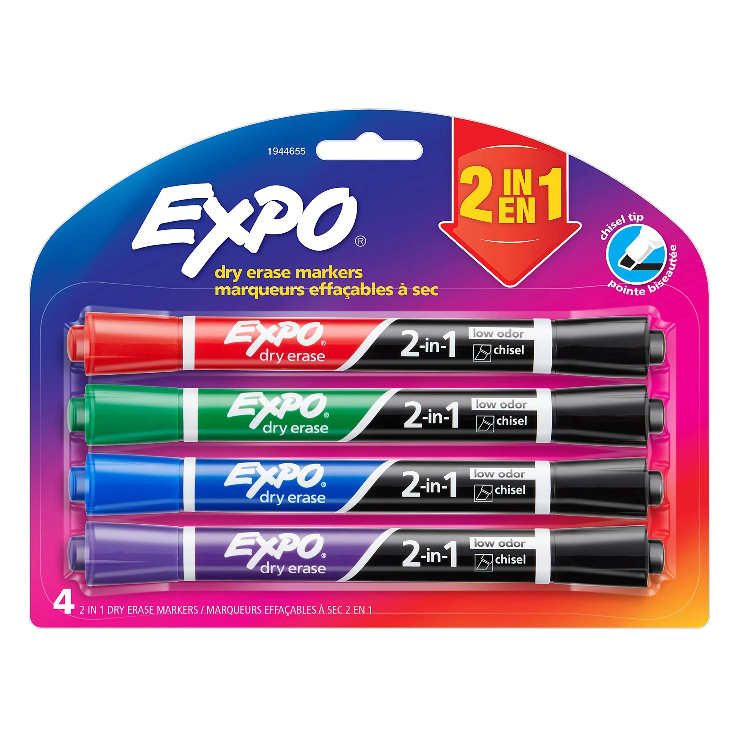 EXPO 2-in-1 Dry-Erase Markers, Chisel Tip, Assorted Ink Colors, Pack of 4