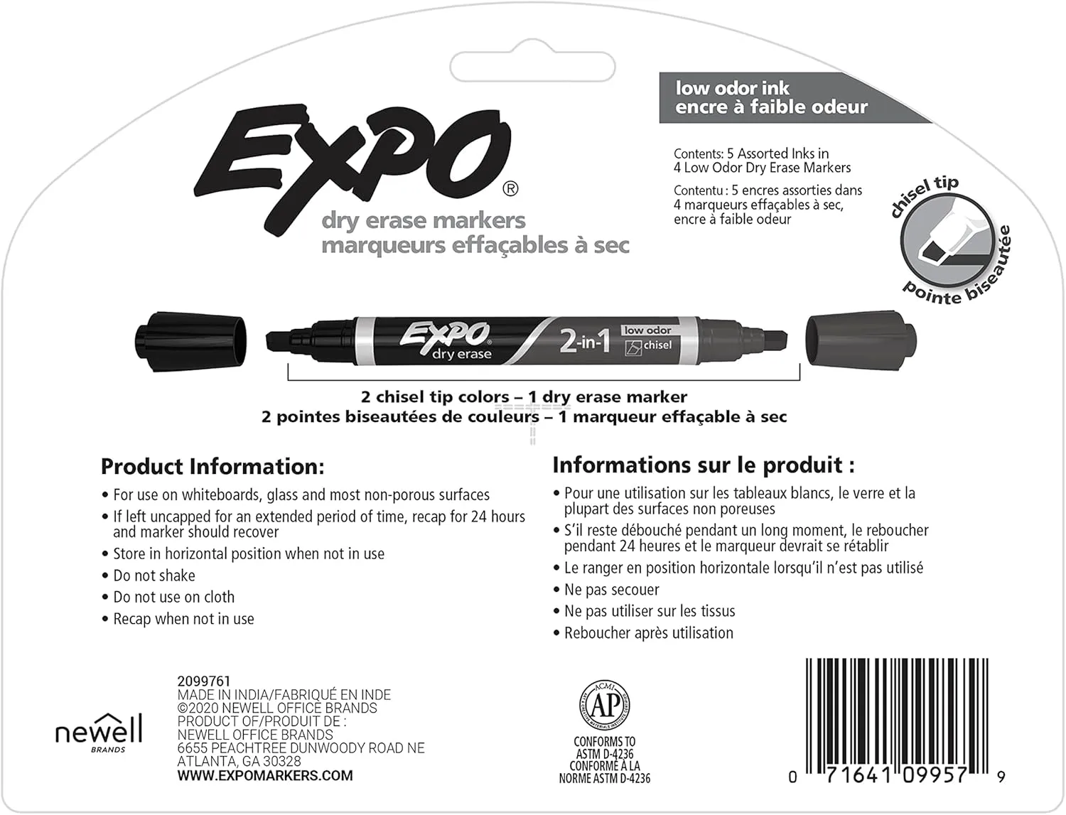 EXPO 2-in-1 Dry-Erase Markers, Chisel Tip, Assorted Ink Colors, Pack of 4