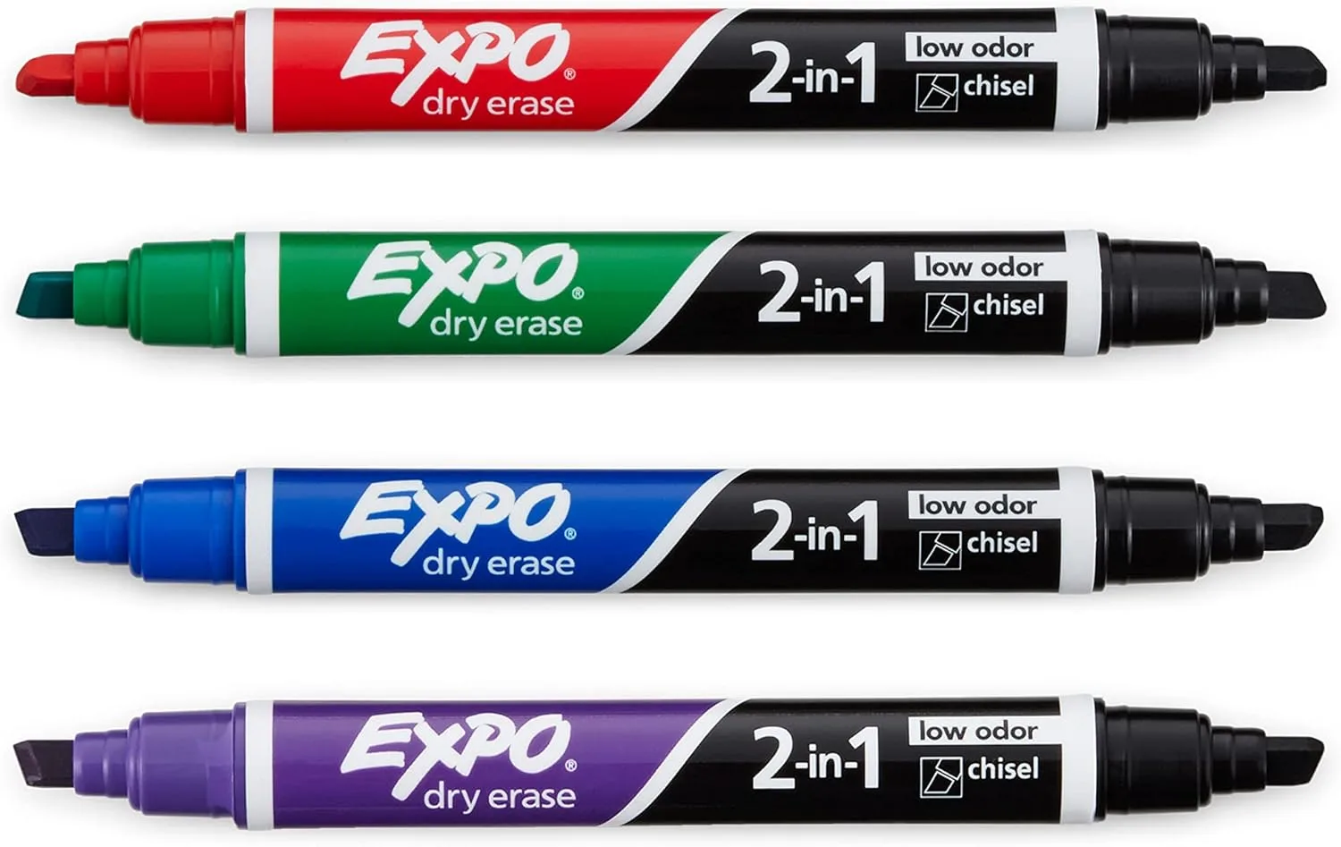 EXPO 2-in-1 Dry-Erase Markers, Chisel Tip, Assorted Ink Colors, Pack of 4