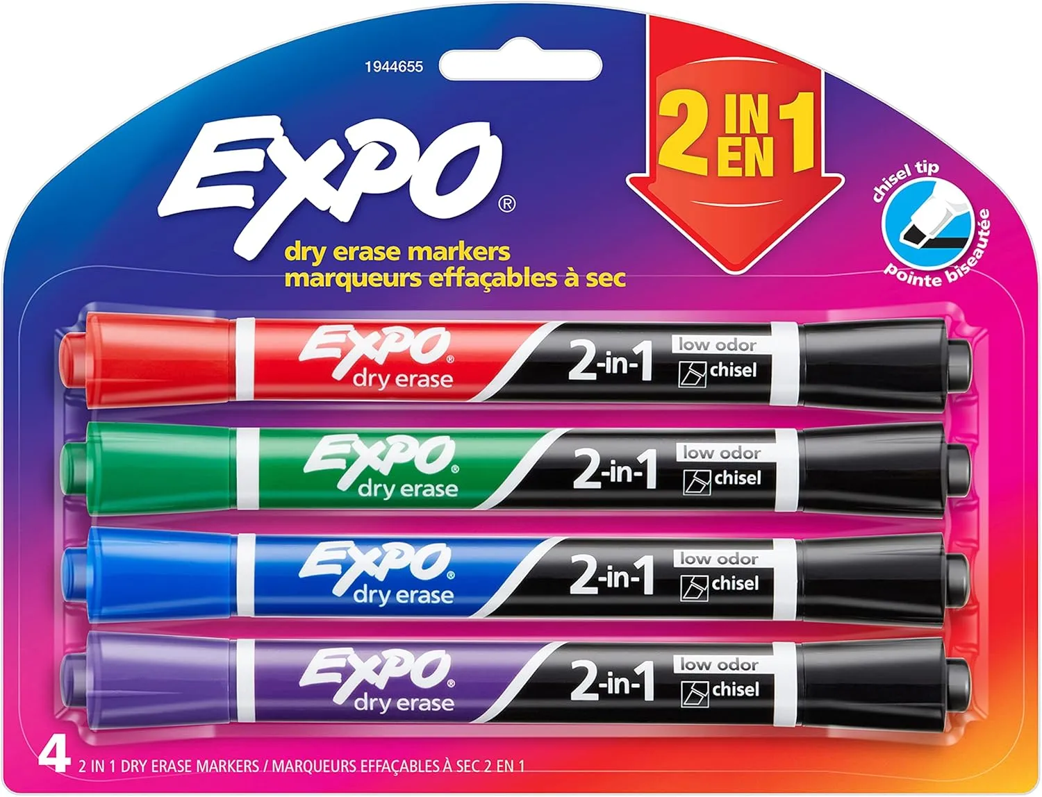 EXPO 2-in-1 Dry-Erase Markers, Chisel Tip, Assorted Ink Colors, Pack of 4