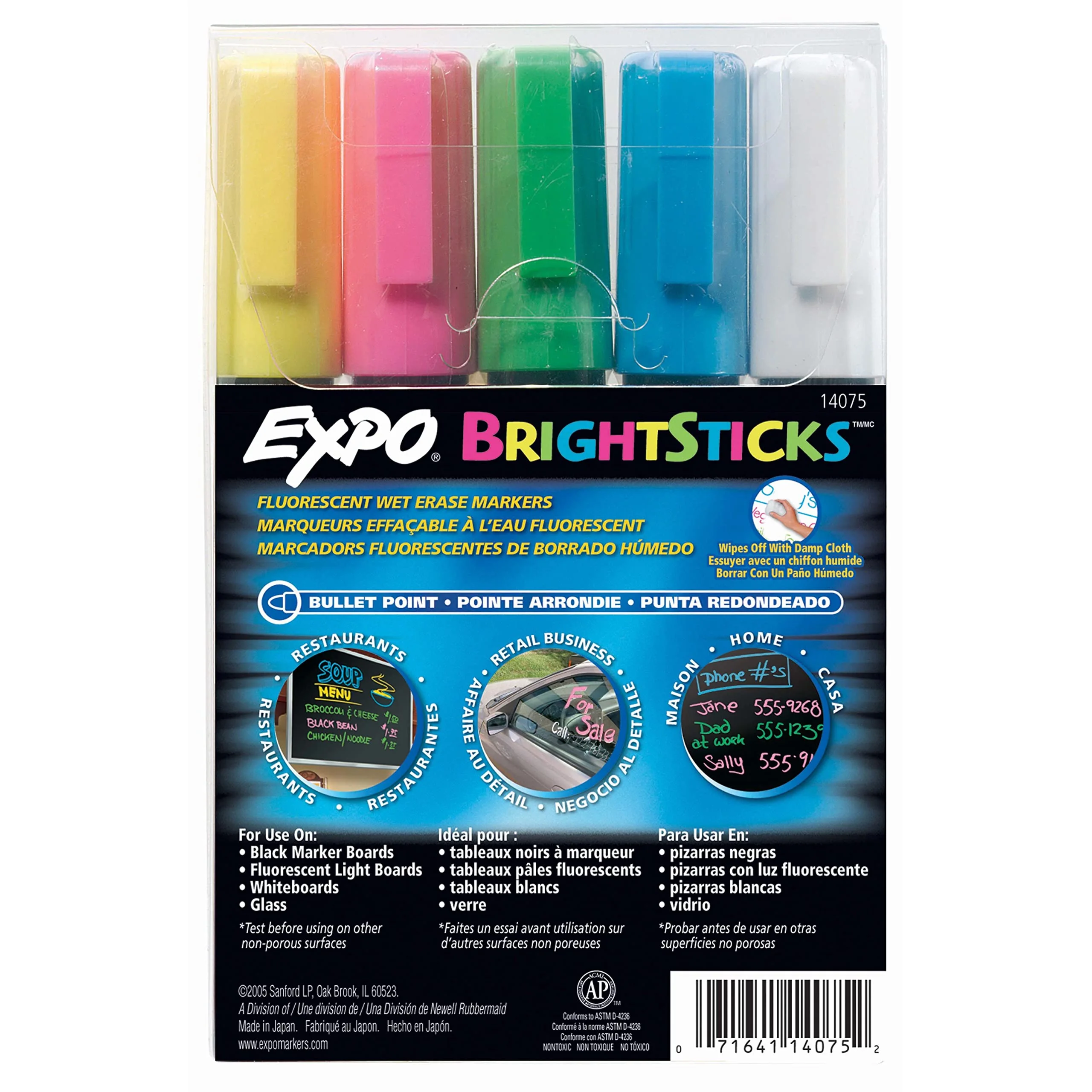 EXPO Bright Sticks Wet Erase Fluorescent Markers, Bullet Tip, Assorted Colors, 5 Count