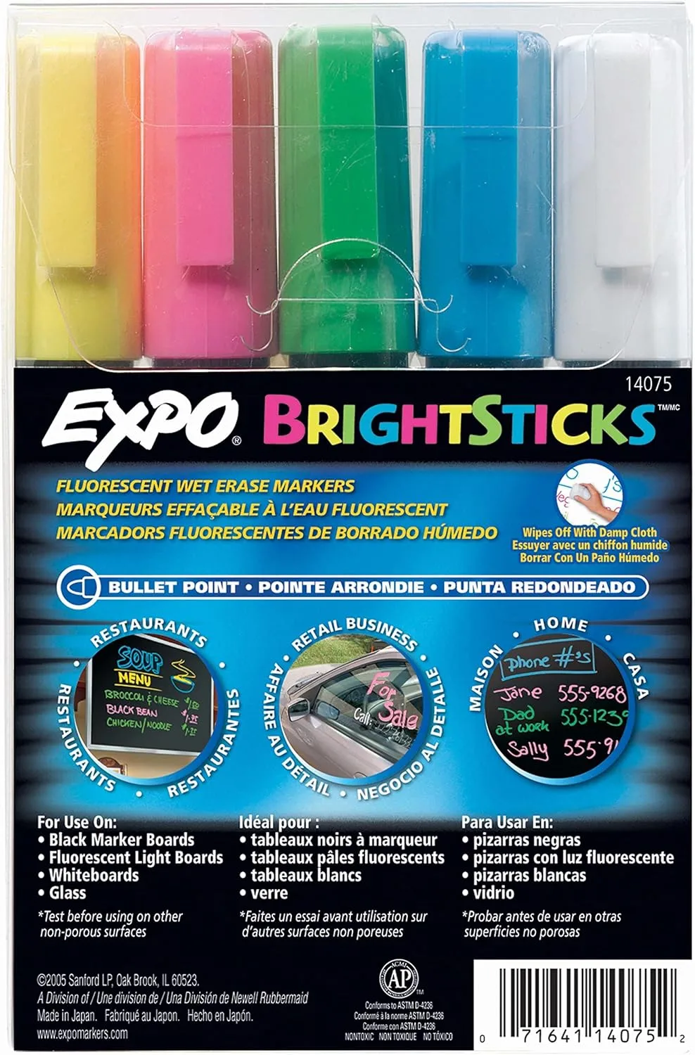 EXPO Bright Sticks Wet Erase Fluorescent Markers, Bullet Tip, Assorted Colors, 5 Count