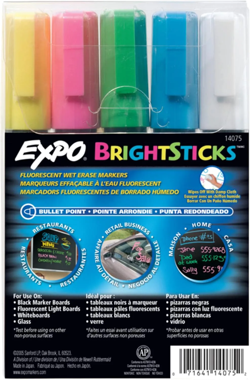 EXPO Bright Sticks Wet Erase Fluorescent Markers, Bullet Tip, Assorted Colors, 5 Count