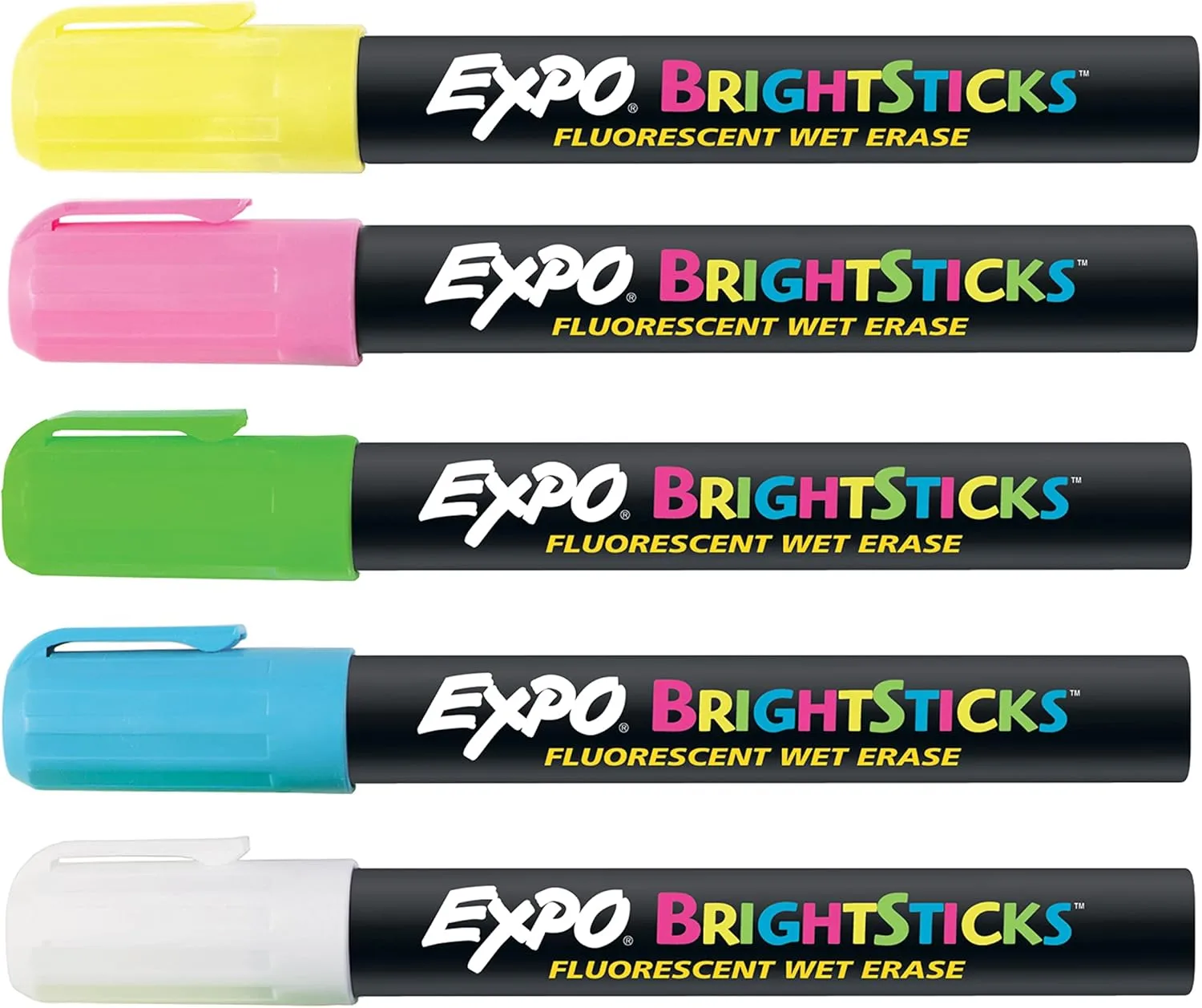 EXPO Bright Sticks Wet Erase Fluorescent Markers, Bullet Tip, Assorted Colors, 5 Count