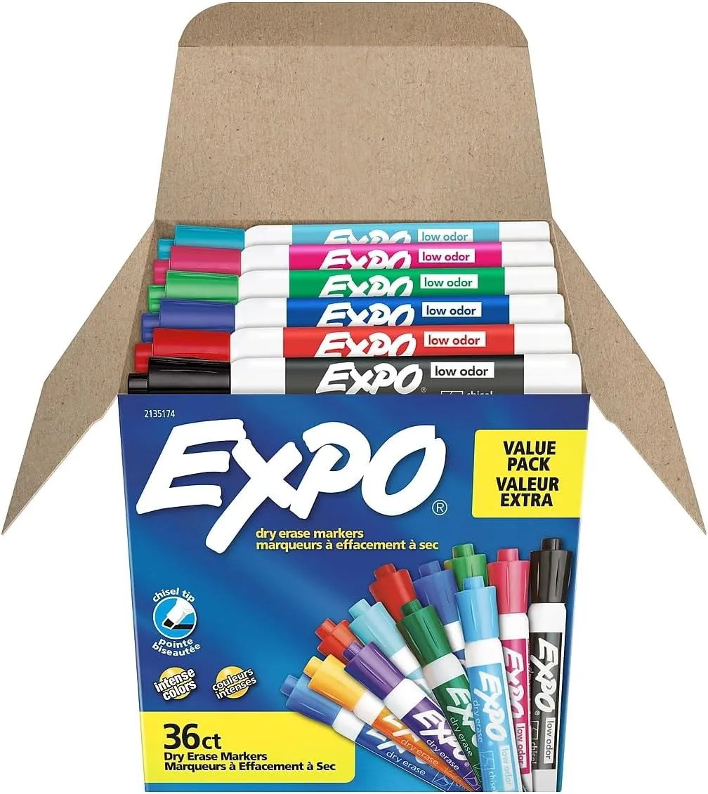 EXPO Low Odor Dry Erase Markers Chisel Tip Assorted Fashion Colors 36 Count for Classroom Office & Home Use 36 Count (Pack