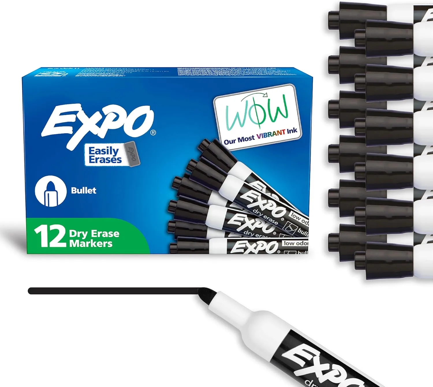 EXPO Dry Erase Markers, Low Odor Ink, Black, Bullet Tip, 12 Count - Whiteboard, Calendar, Organization