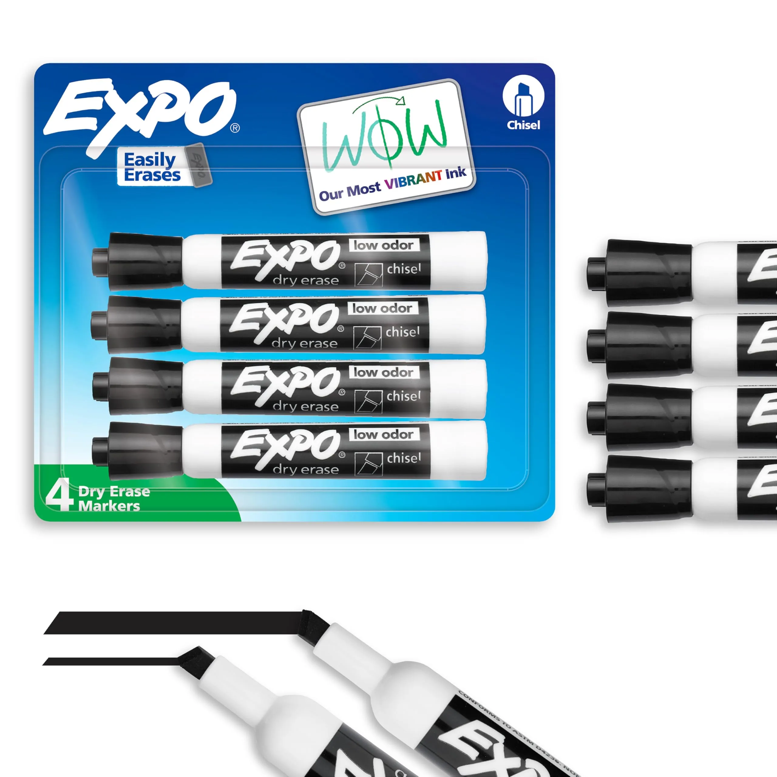 EXPO Dry Erase Markers, Low Odor, Black, Chisel Tip, 4 Count