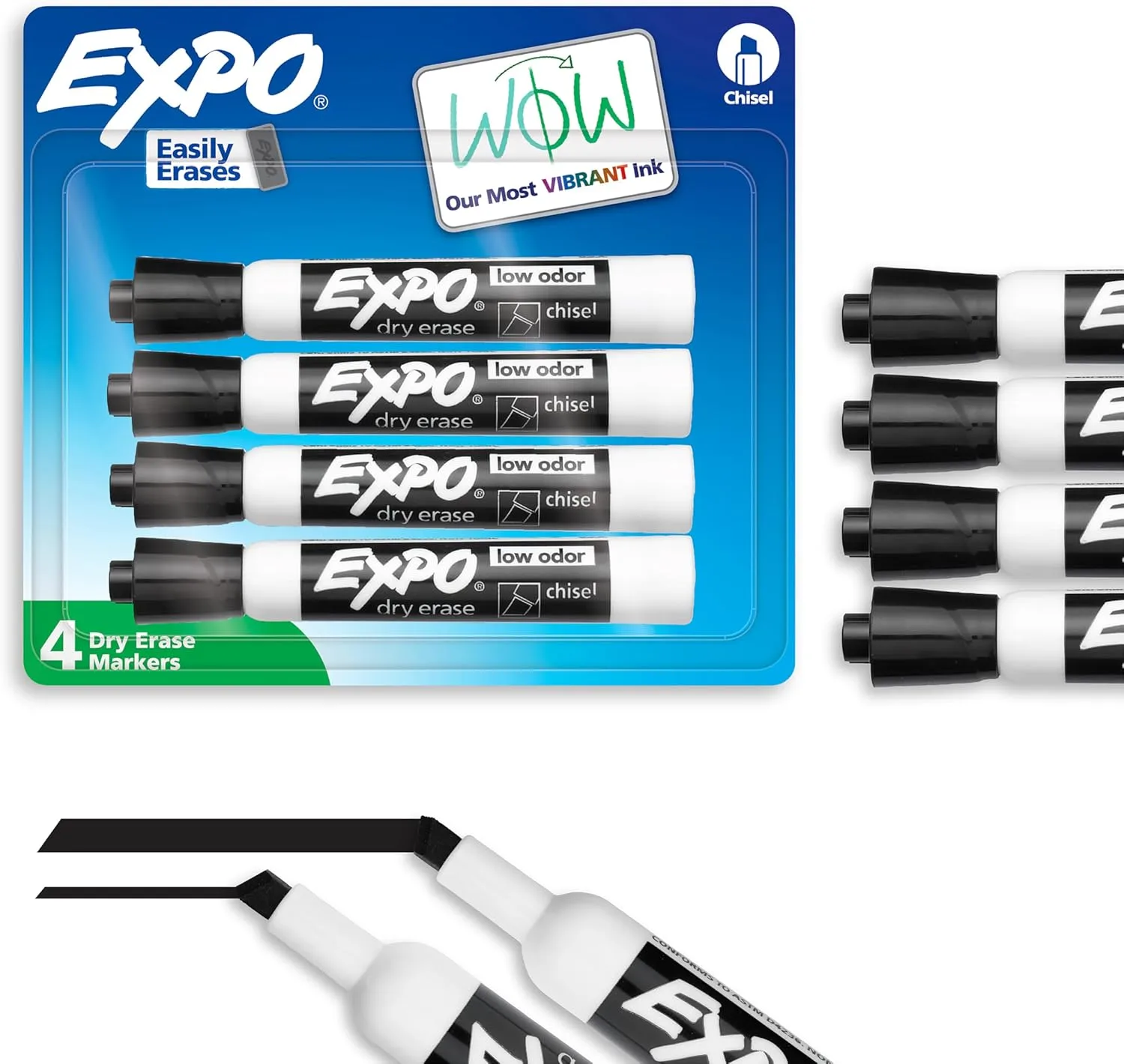 EXPO Dry Erase Markers, Low Odor, Black, Chisel Tip, 4 Count