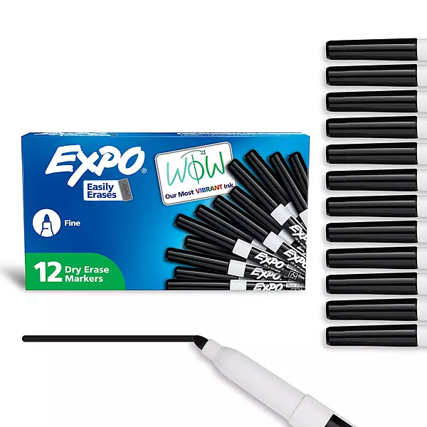 EXPO Low-Odor Dry-Erase Markers, Fine Tip, Black - 12 Count