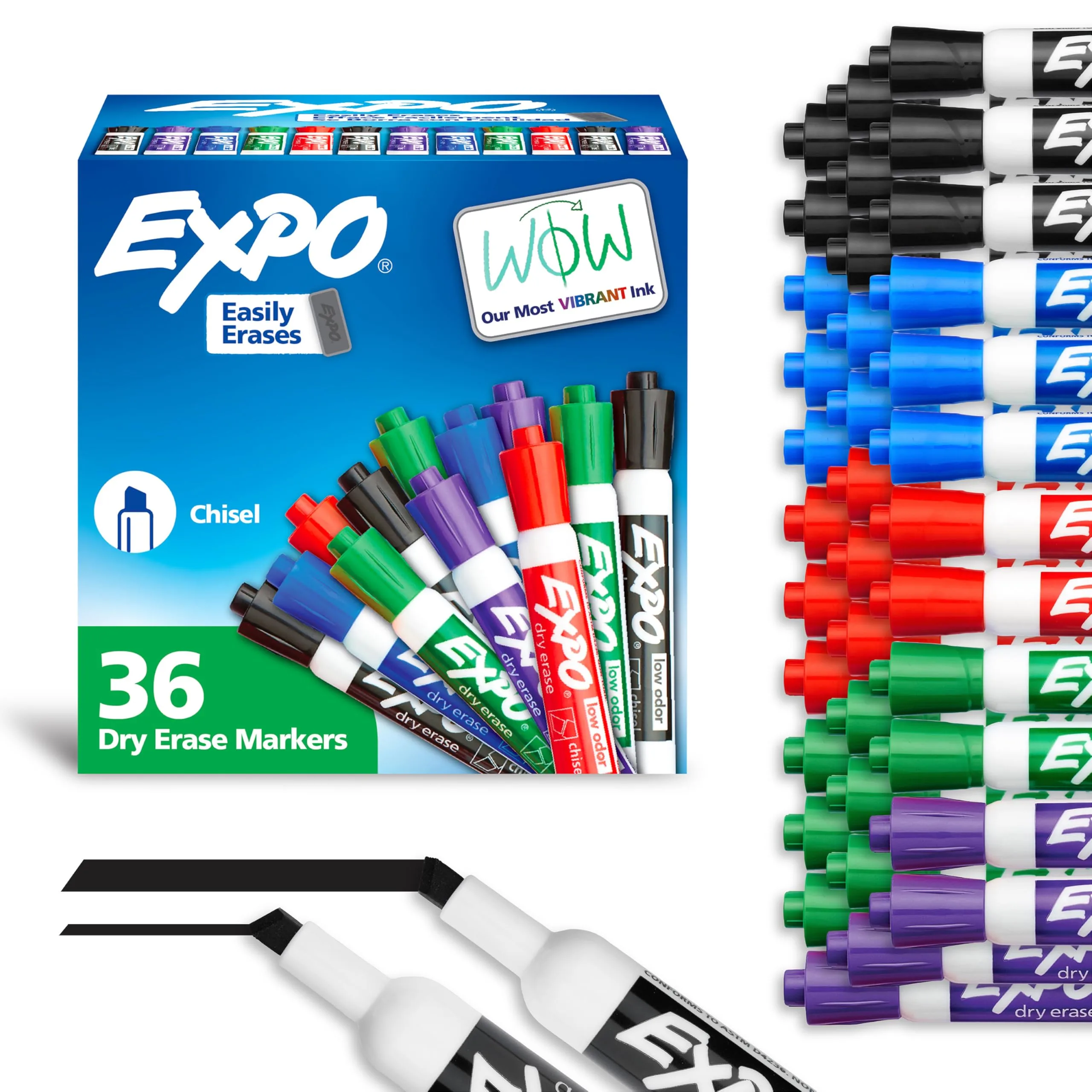 EXPO Low Odor Dry Erase Markers Chisel Tip Assorted Colors Pack of 36 - Ideal for Classrooms Offices & Home Offices 36 Count