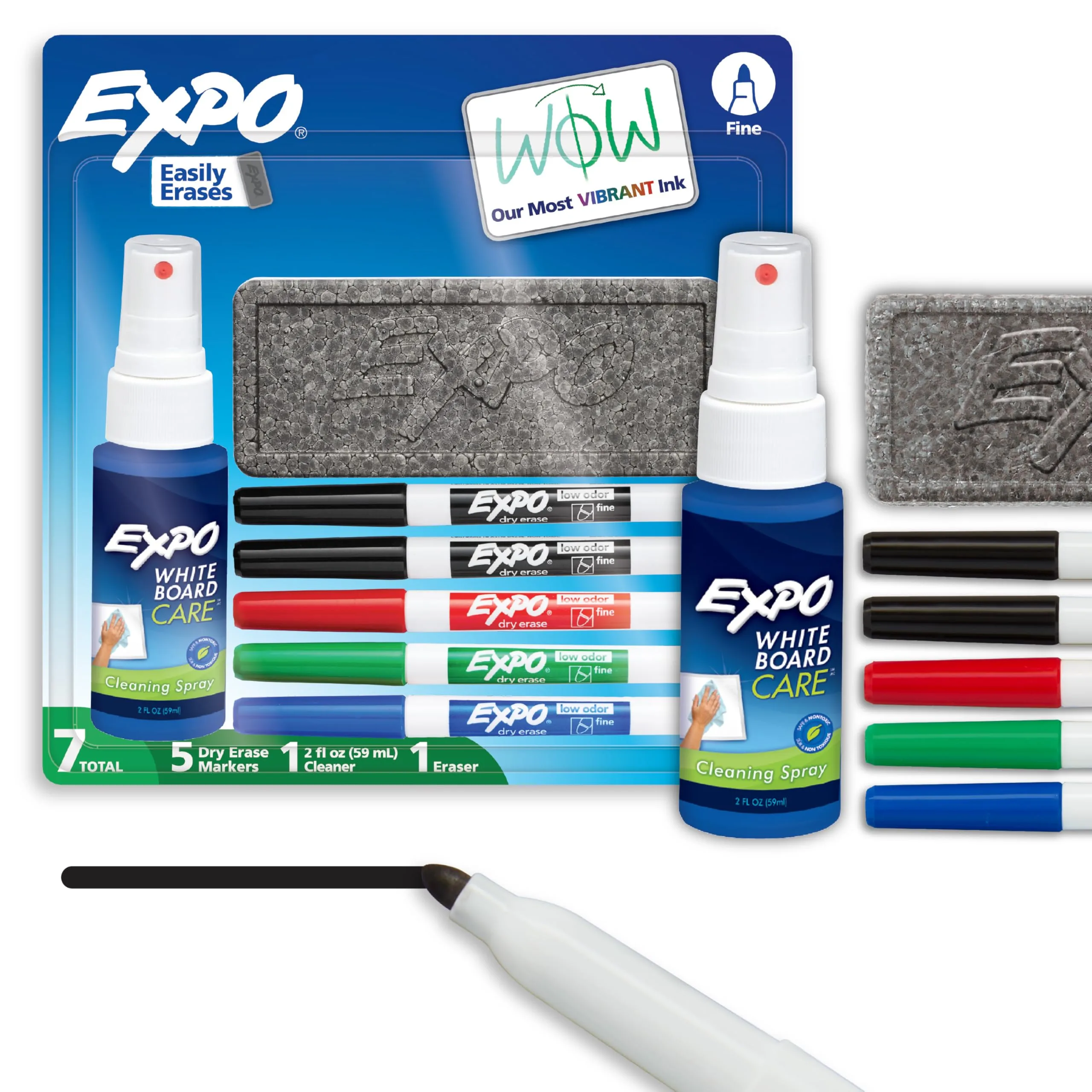 EXPO Low Odor Dry Erase Marker Set with White Board Eraser and Cleaner, Fine Tip, 7-Piece