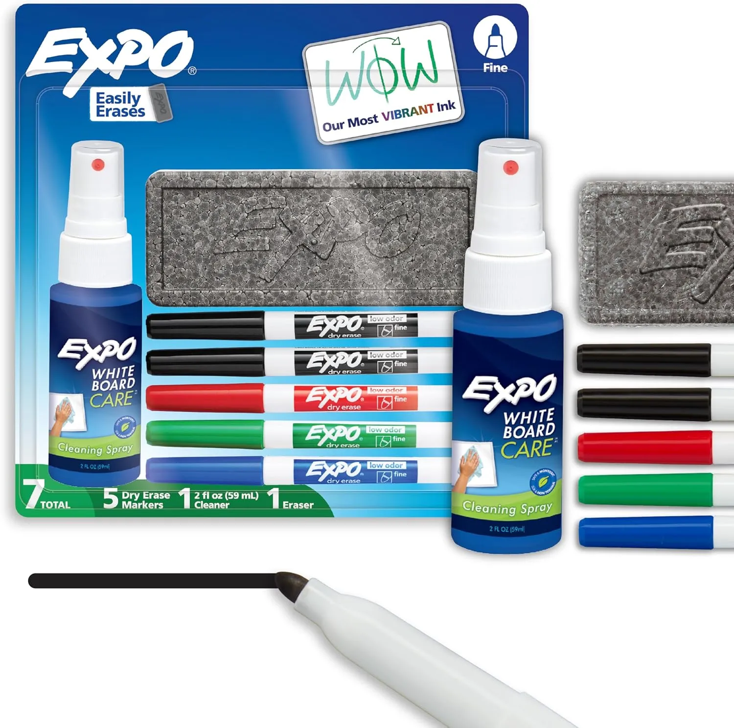 EXPO Low Odor Dry Erase Marker Set with White Board Eraser and Cleaner, Fine Tip, 7-Piece