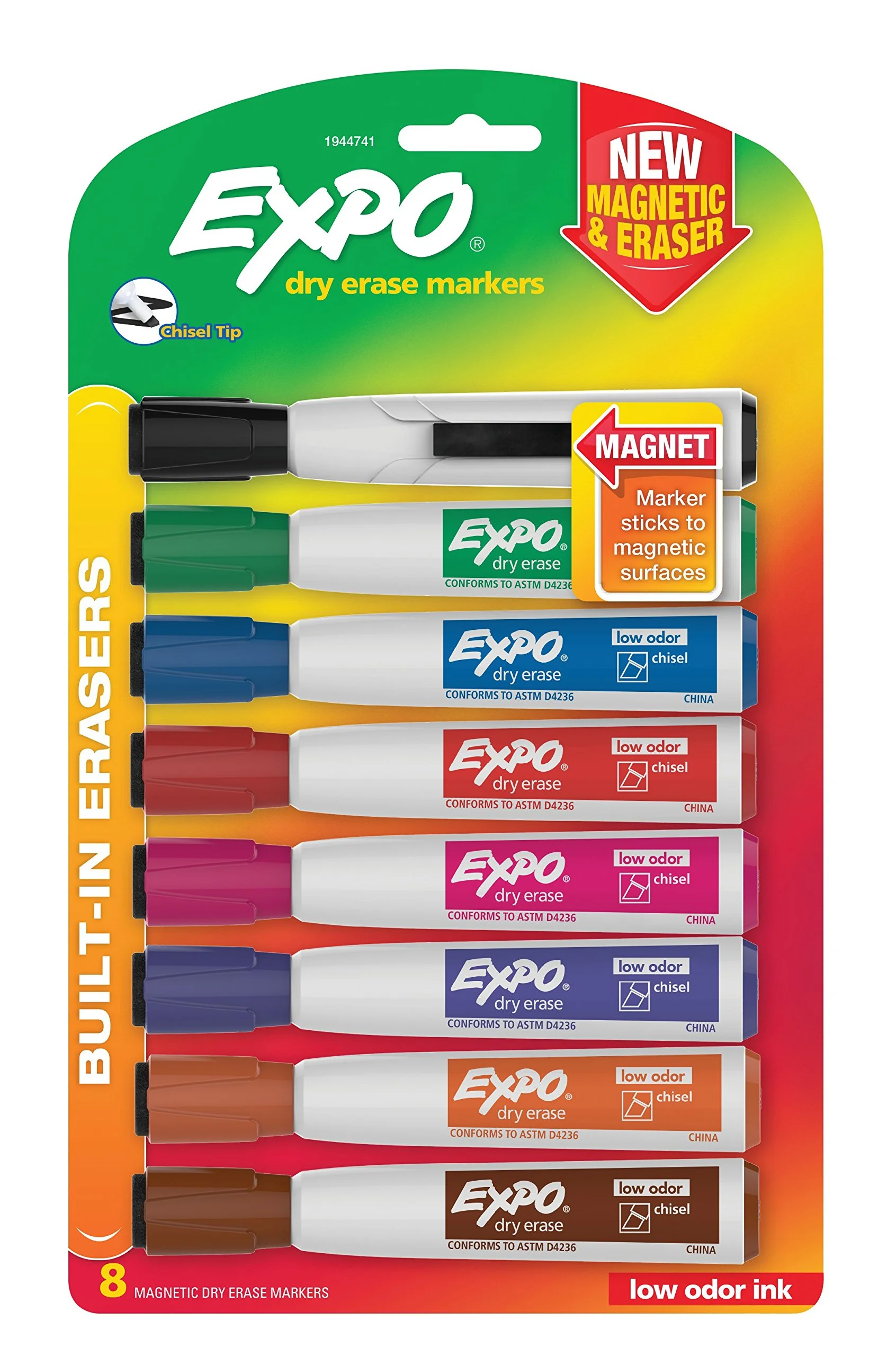 EXPO Magnetic Dry Erase Markers with Eraser, Chisel Tip