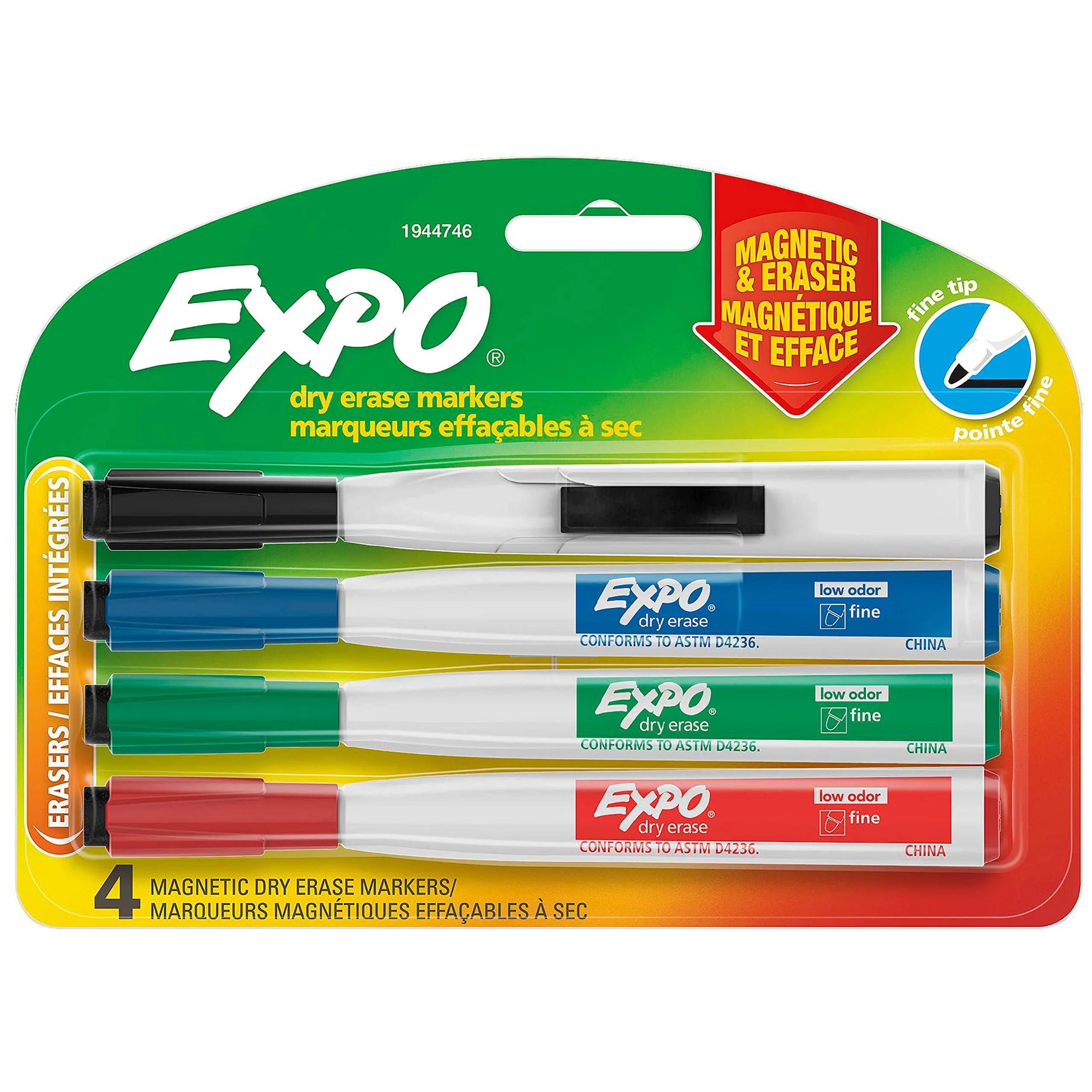 EXPO Magnetic Dry Erase Markers with Eraser, Fine Tip, 4 Count, Assorted Colors