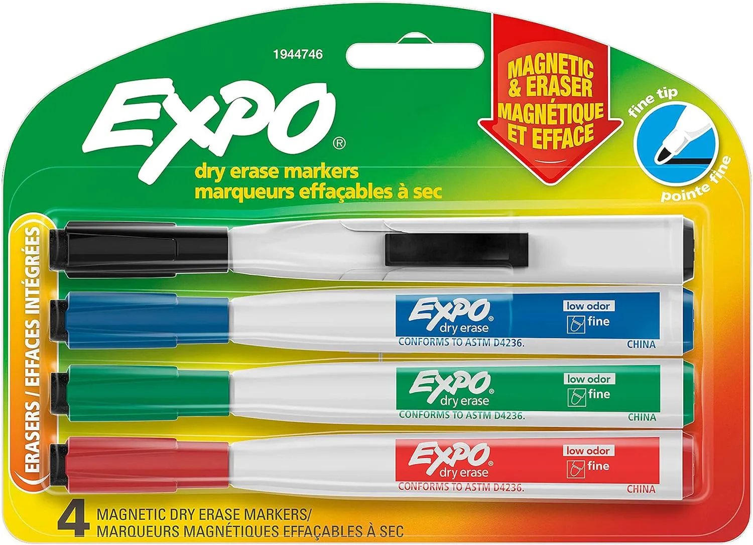 EXPO Magnetic Dry Erase Markers with Eraser, Fine Tip, 4 Count, Assorted Colors