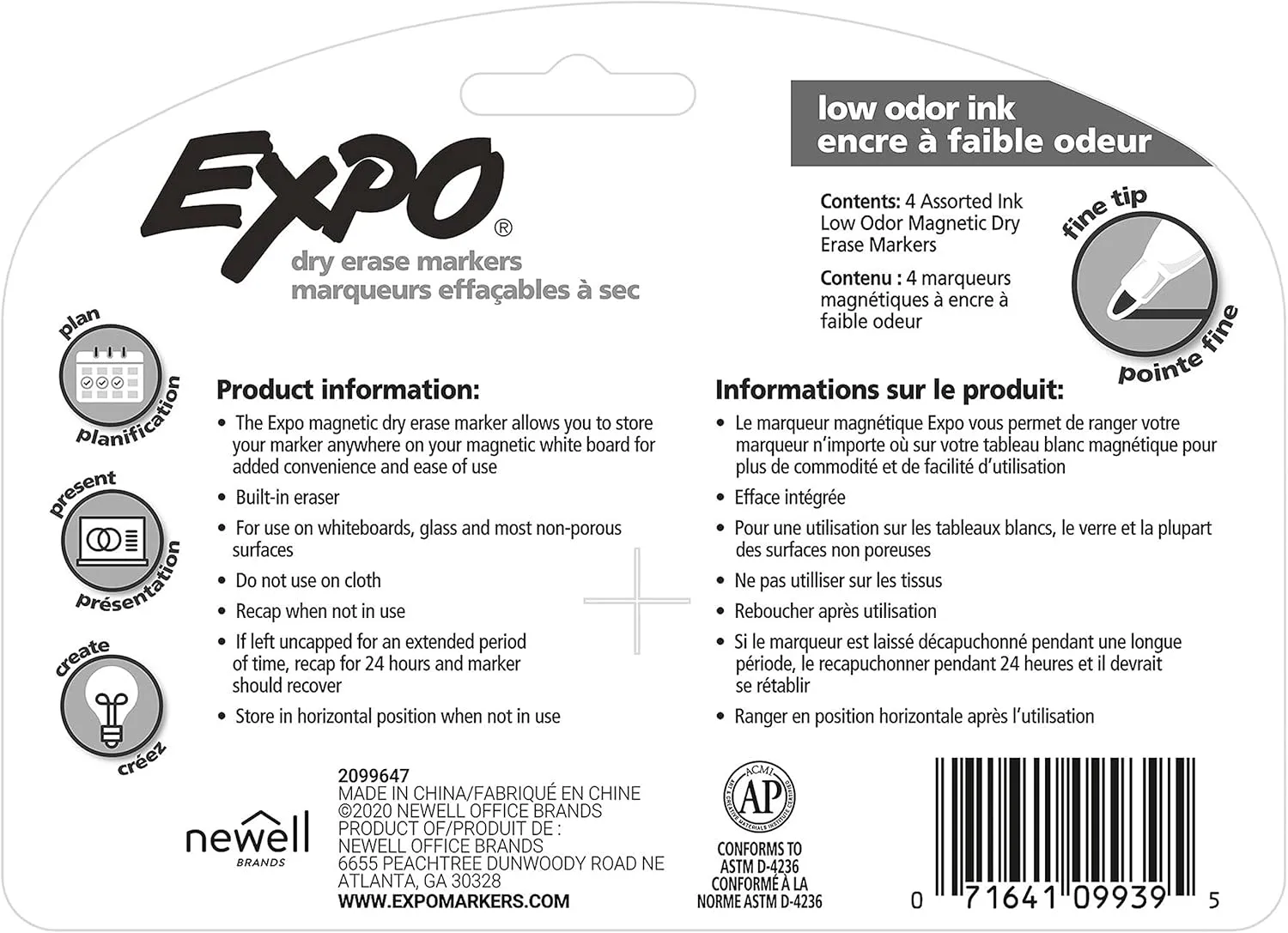 EXPO Magnetic Dry Erase Markers with Eraser, Fine Tip, 4 Count, Assorted Colors