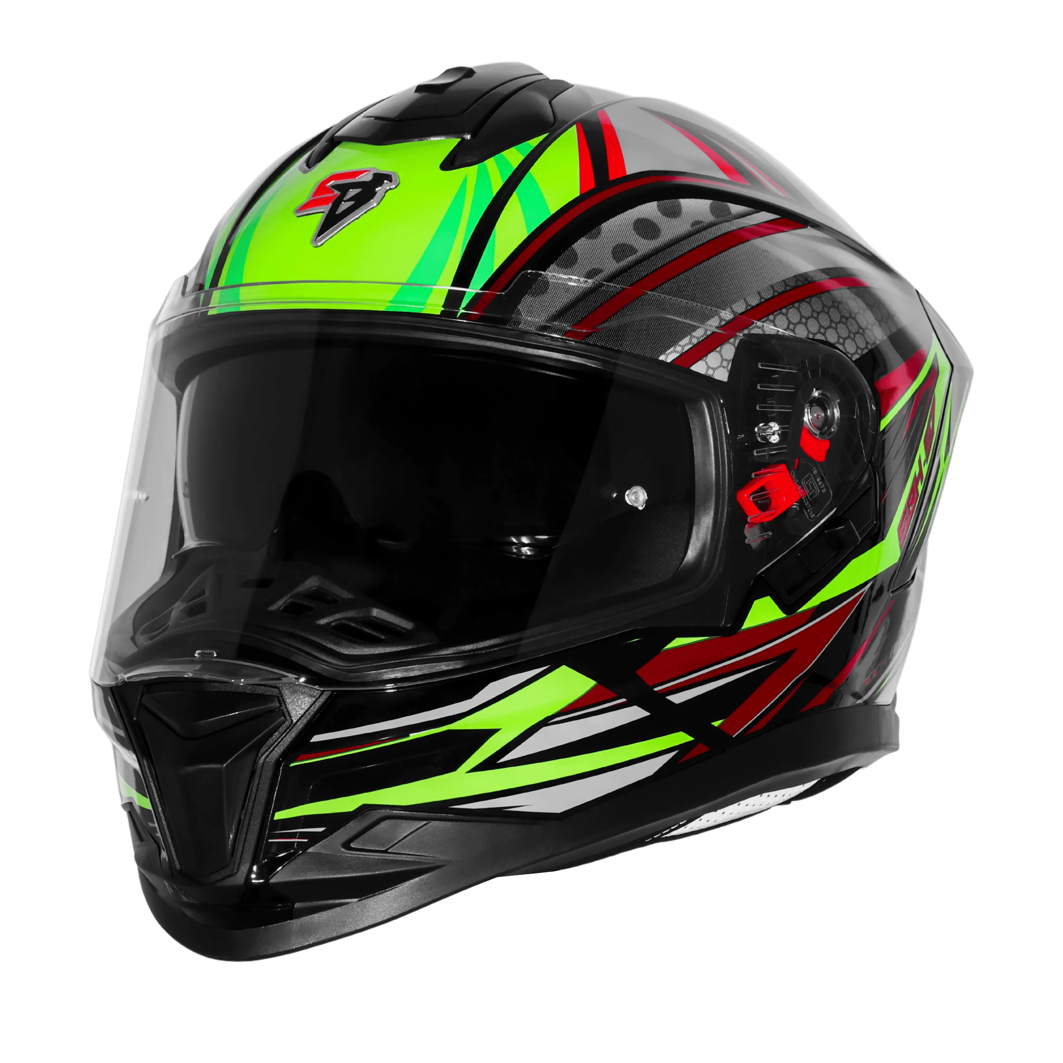 STEELBIRD SBH-57 ISS FIGHTER F12 GLOSSY BLACK/FLUO GREEN/RED FOIL C/V 580 MM WITH EXTRA CHROME VISOR STEELBIRD SBH-57 ISS FIGHTER F12 GLOSSY BLACK/FLUO GREEN/RED FOIL C/V 580 MM WITH EXTRA CHROME VISOR