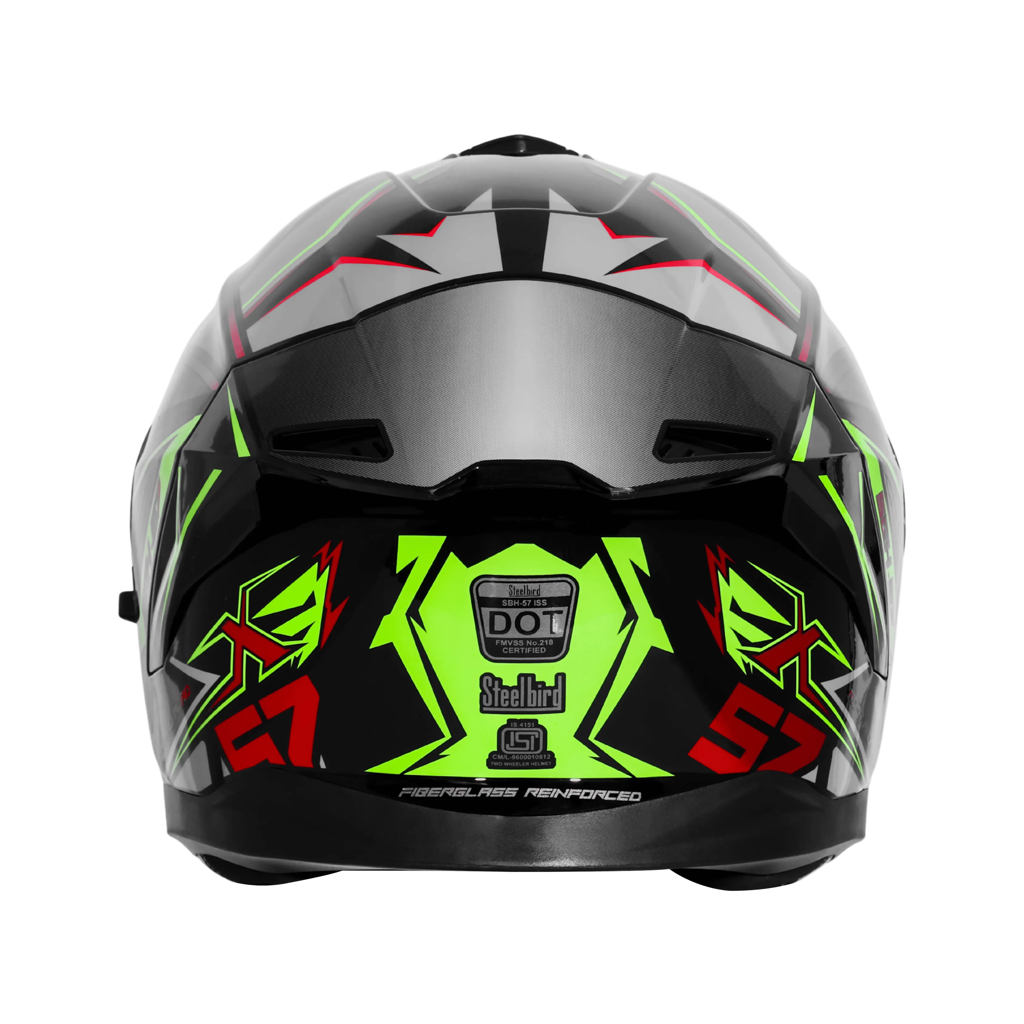 STEELBIRD SBH-57 ISS FIGHTER F12 GLOSSY BLACK/FLUO GREEN/RED FOIL C/V 580 MM WITH EXTRA CHROME VISOR STEELBIRD SBH-57 ISS FIGHTER F12 GLOSSY BLACK/FLUO GREEN/RED FOIL C/V 580 MM WITH EXTRA CHROME VISOR