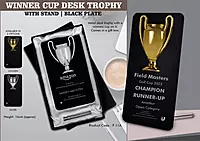 Winner Cup Desk Trophy with stand | Shiny Chrome Cup with Black Plate