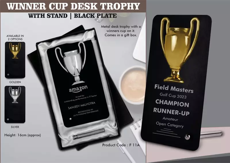 Winner Cup Desk Trophy with stand | Shiny Chrome Cup with Black Plate
