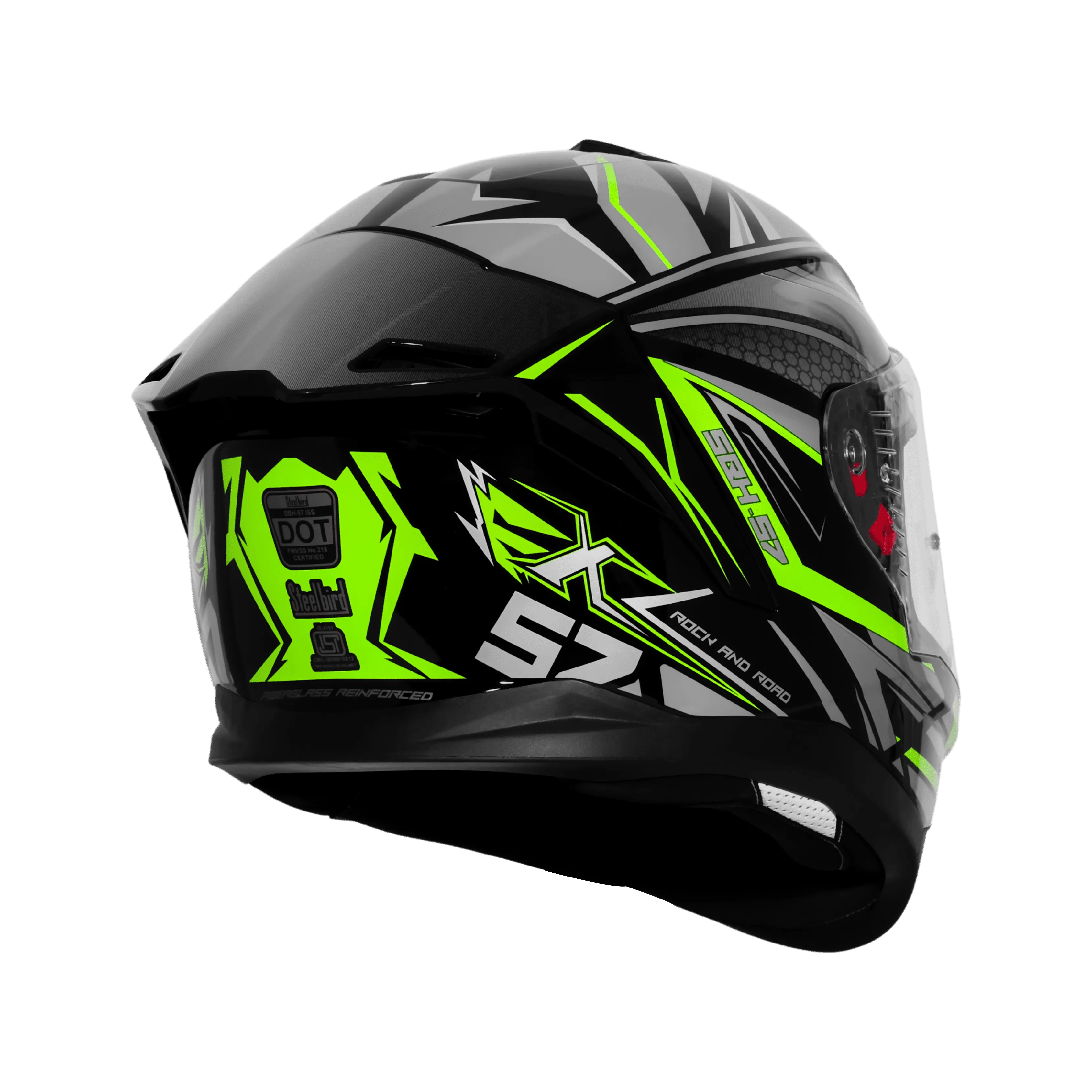 STEELBIRD SBH-57 ISS FIGHTER F12 GLOSSY BLACK/FLUO GREEN GREY/SILVER FOIL C/V 600 MM WITH EXTRA CHROME VISOR STEELBIRD SBH-57 ISS FIGHTER F12 GLOSSY BLACK/FLUO GREEN GREY/SILVER FOIL C/V 600 MM WITH EXTRA CHROME VISOR