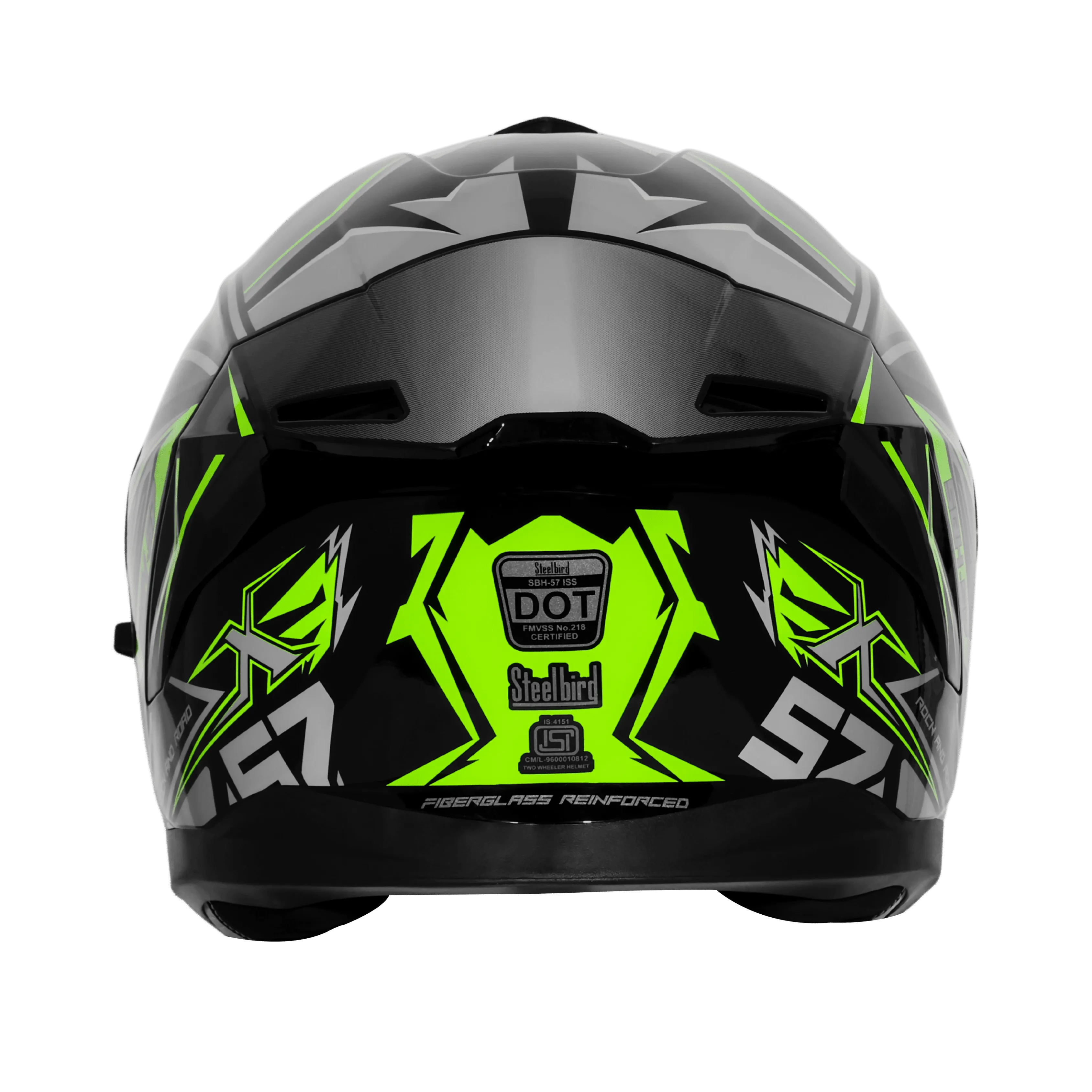 STEELBIRD SBH-57 ISS FIGHTER F12 GLOSSY BLACK/FLUO GREEN GREY/SILVER FOIL C/V 600 MM WITH EXTRA CHROME VISOR STEELBIRD SBH-57 ISS FIGHTER F12 GLOSSY BLACK/FLUO GREEN GREY/SILVER FOIL C/V 600 MM WITH EXTRA CHROME VISOR