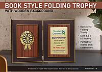 Book Style Folding Trophy with Award Motif | 8.5 x 6.5″ | Wooden Background