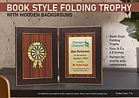 Book Style Folding Trophy with Award Motif | 8.5 x 6.5″ | Wooden Background