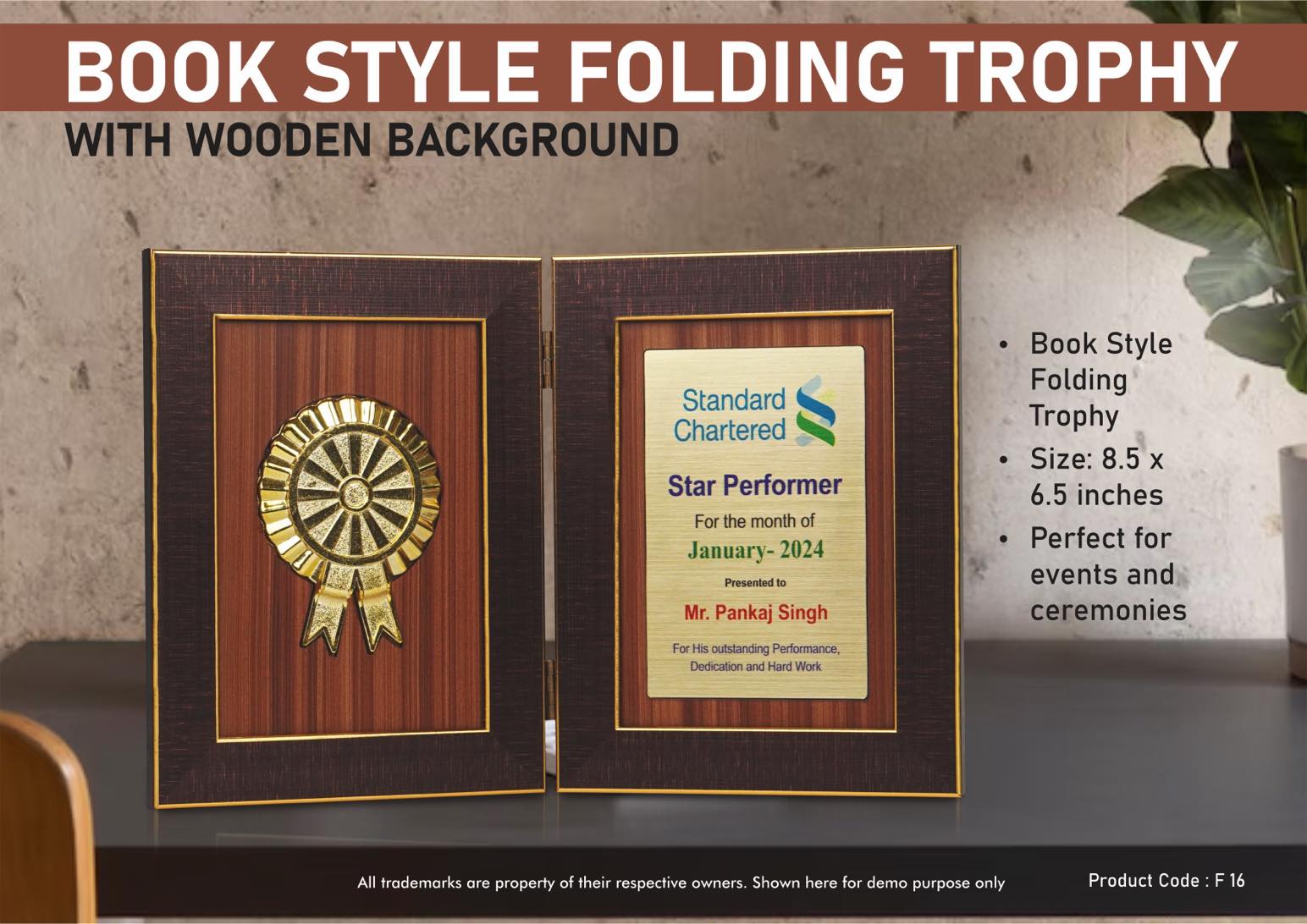 Book Style Folding Trophy with Award Motif | 8.5 x 6.5″ | Wooden Background