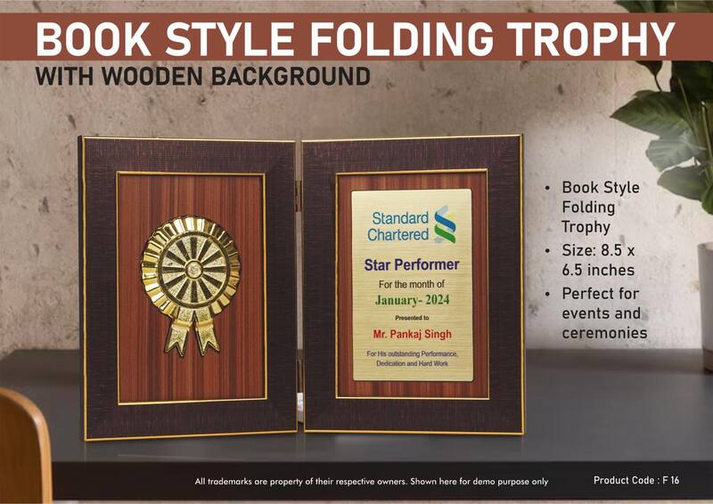 Book Style Folding Trophy with Award Motif | 8.5 x 6.5″ | Wooden Background