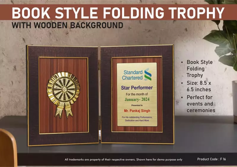 Book Style Folding Trophy with Award Motif | 8.5 x 6.5″ | Wooden Background