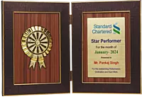 Book Style Folding Trophy with Award Motif | 8.5 x 6.5″ | Wooden Background
