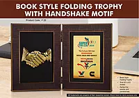 Book Style Folding Trophy with Handshake Motif | 8.5 x 6.5″ | Solid Background