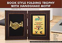 Book Style Folding Trophy with Handshake Motif | 8.5 x 6.5″ | Solid Background