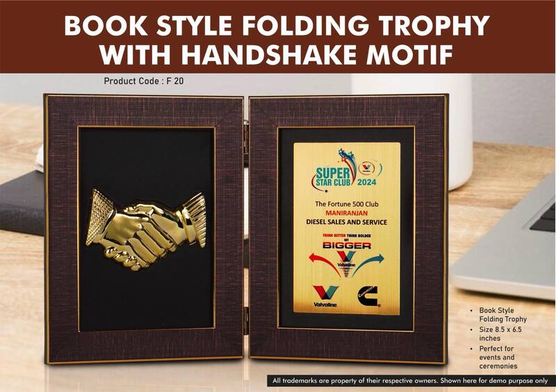Book Style Folding Trophy with Handshake Motif | 8.5 x 6.5″ | Solid Background