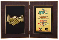 Book Style Folding Trophy with Handshake Motif | 8.5 x 6.5″ | Solid Background