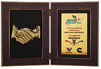 Book Style Folding Trophy with Handshake Motif | 8.5 x 6.5″ | Solid Background
